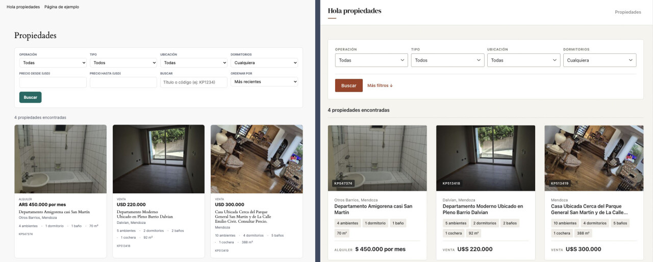 El mismo listado de propiedades con dos dise&ntilde;os diferentes