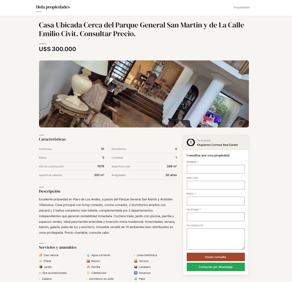 Ficha de una propiedad con galer&iacute;a, caracter&iacute;sticas y amenities