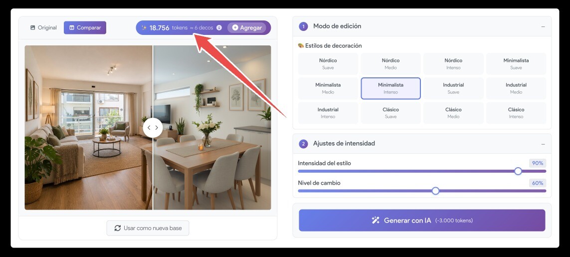 Ventana de decoraci&oacute;n con IA mostrando los Tokens de IA disponibles y cu&aacute;ntas decoraciones alcanzan