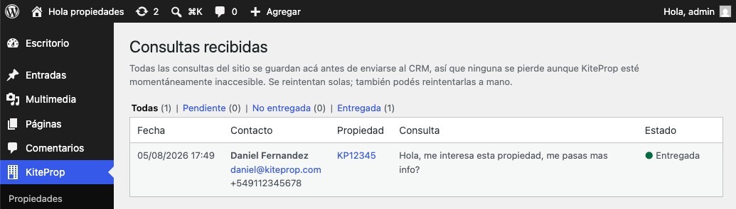 Bandeja de consultas recibidas en WordPress