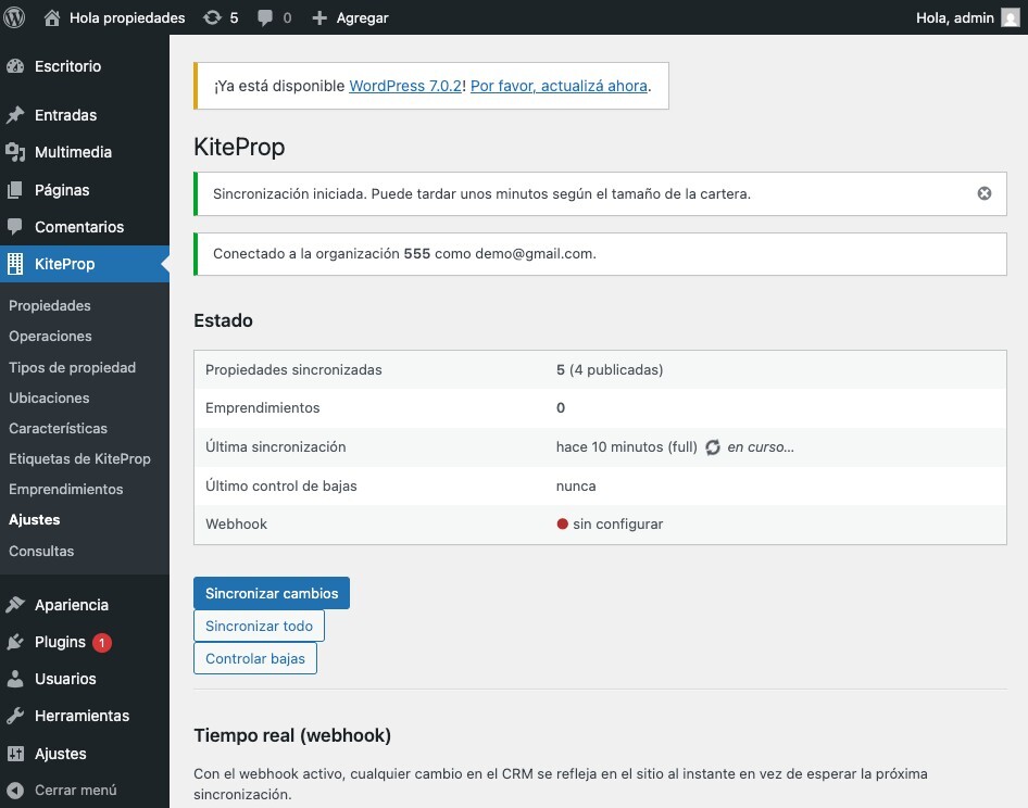 Pantalla de ajustes del plugin con el estado de la sincronizaci&oacute;n