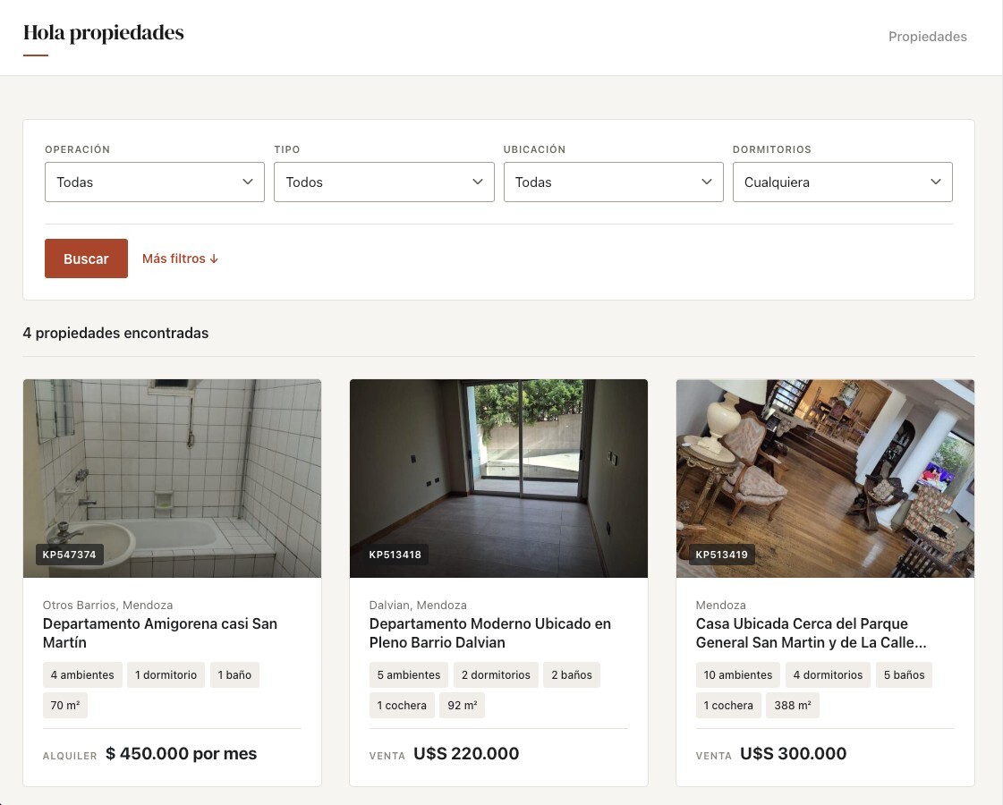 Listado de propiedades con el buscador en un sitio de WordPress