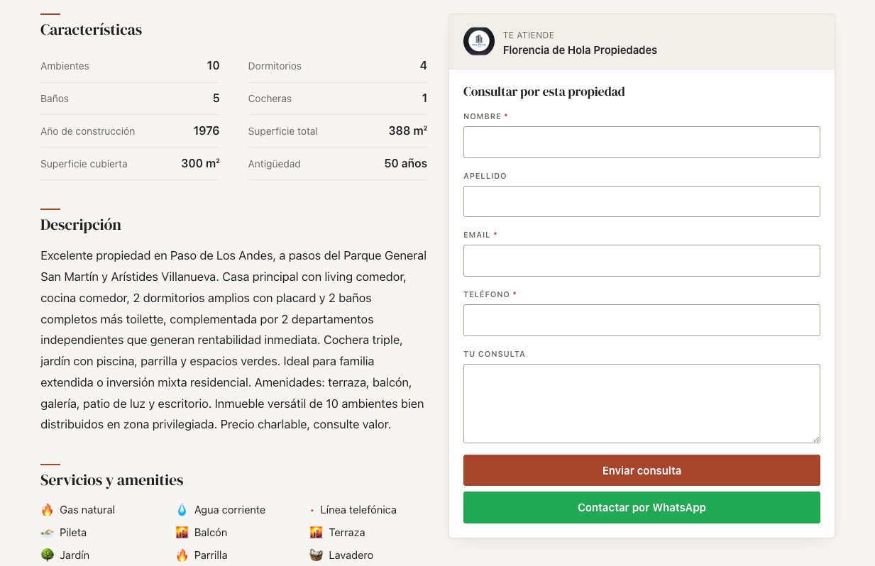 Formulario de consulta y bot&oacute;n de WhatsApp en la ficha de una propiedad