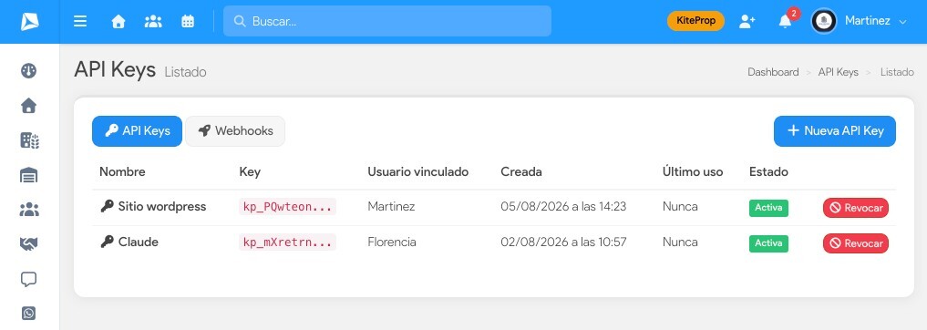 Pantalla de API Keys en KiteProp