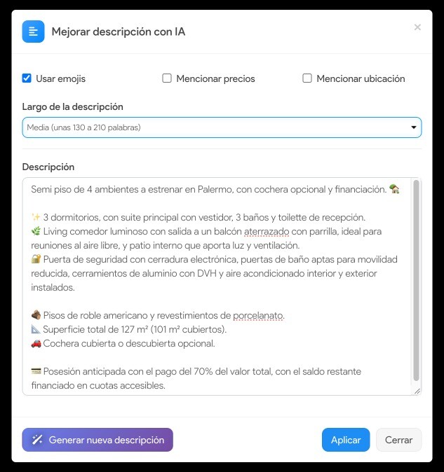 Ventana para generar una descripci&oacute;n con IA con el selector de largo: corta, media o larga