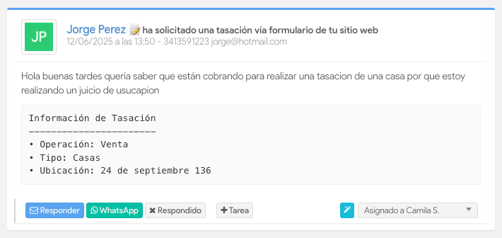 Mensaje de solicitud de tasacion