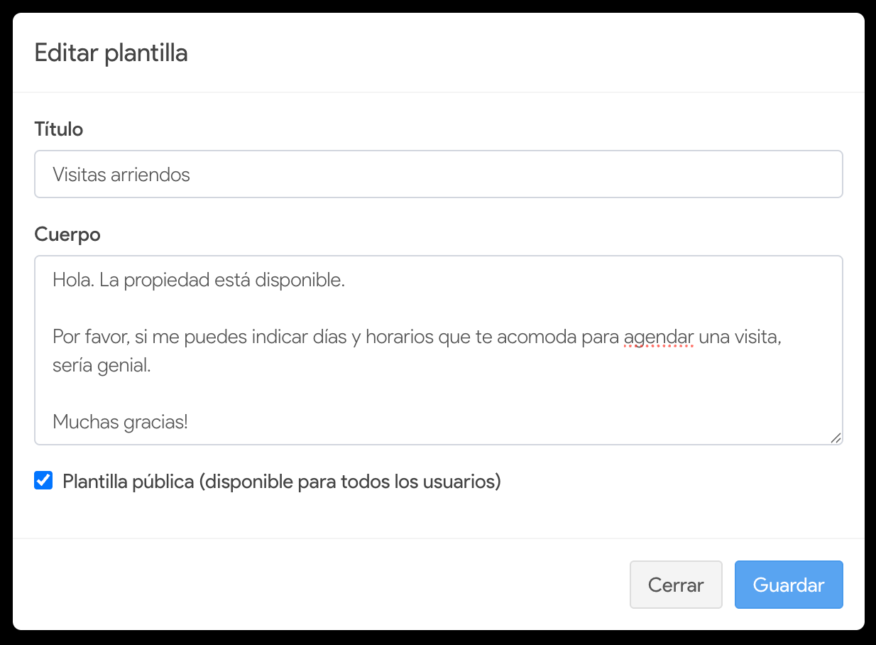 redacta el texto de tu plantilla de respuesta rapida en el crm inmobiliario