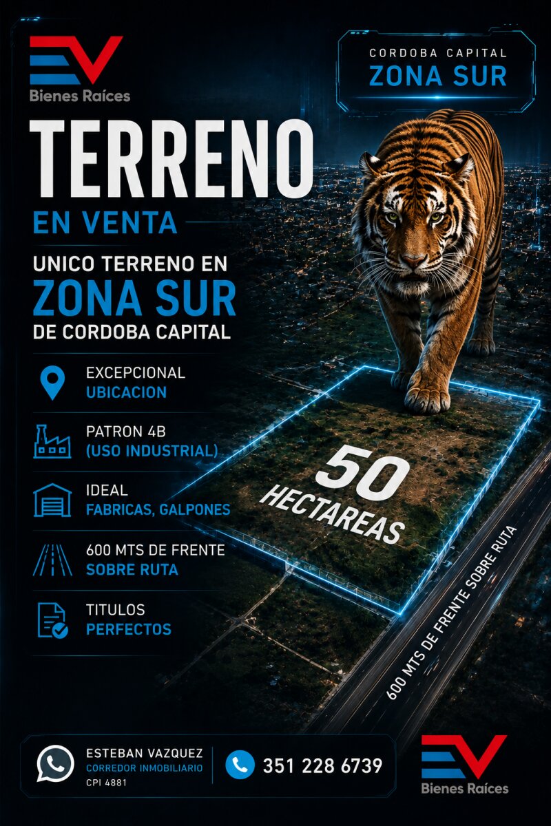 VENTA, ATENCION DESARROLLISTAS / CONSTRUCTORAS. 50 HTAS TITULOS PERFECTOS ZONA SUR DE CORDOBA 600 mts FRENTE SOBRE RUTA