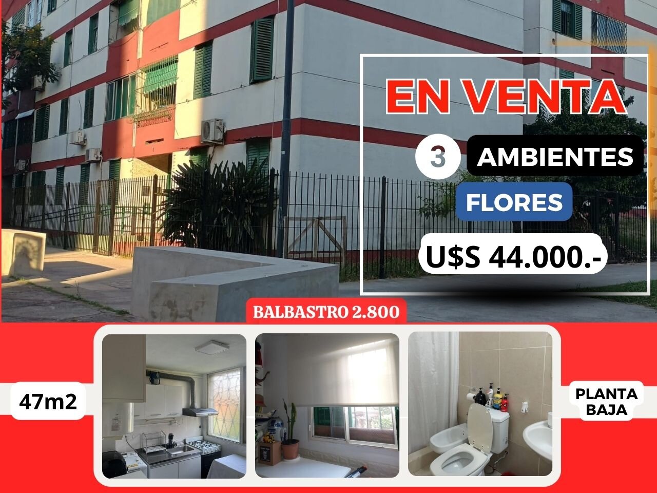3 AMB,FLORES,U$D 44.000.-,APTO CRÉDITO, MUY LUMINOSO