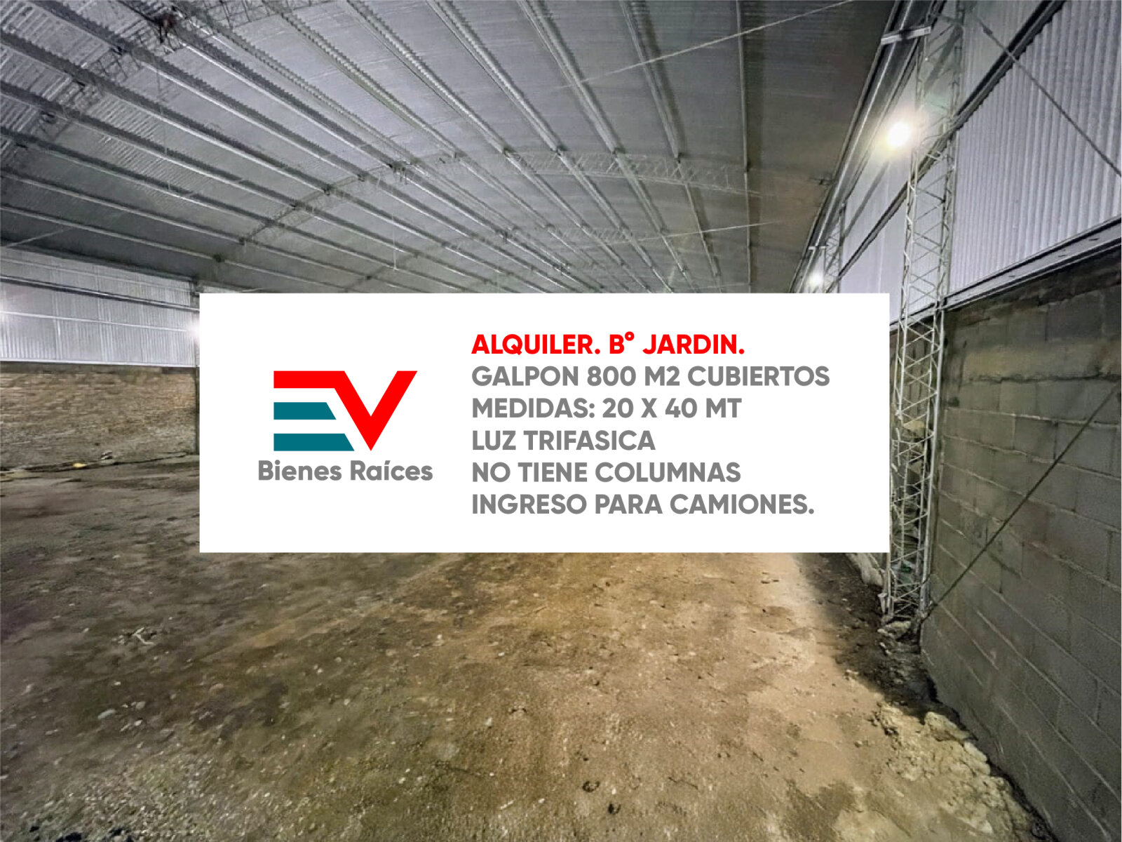 ALQUILER. BARRIO JARDIN. GALPON 800 MTS CUBIERTOS. LUZ TRIFASICA