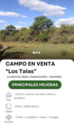 Campo en venta – “Los Talas”, Paraje La Sierrita, Dpto. Calamuchita, Córdoba