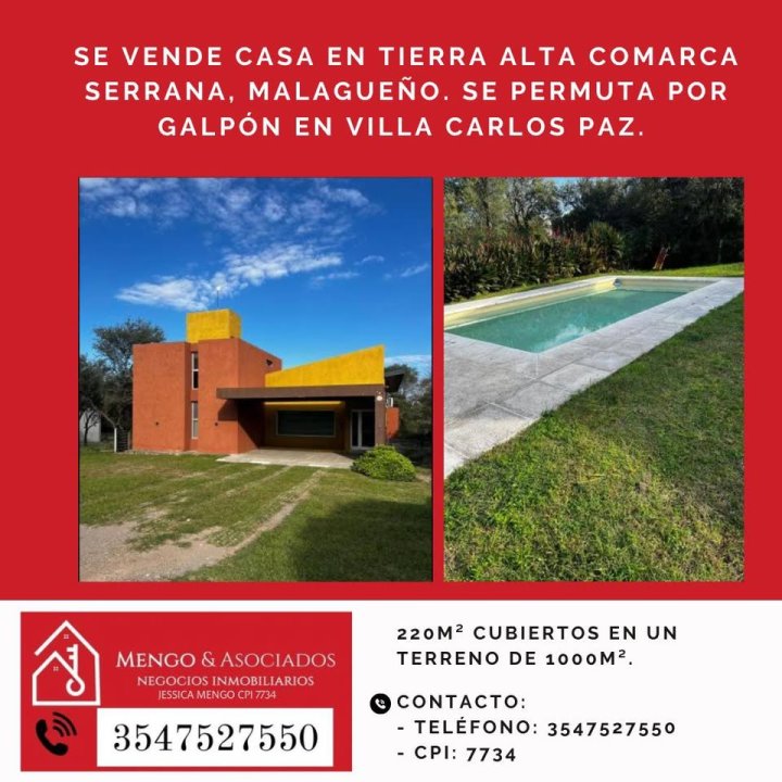 VENTA CASA TIERRALTA MALAGUEÑO 3 BAÑOS 3 DORM.CON PILETA