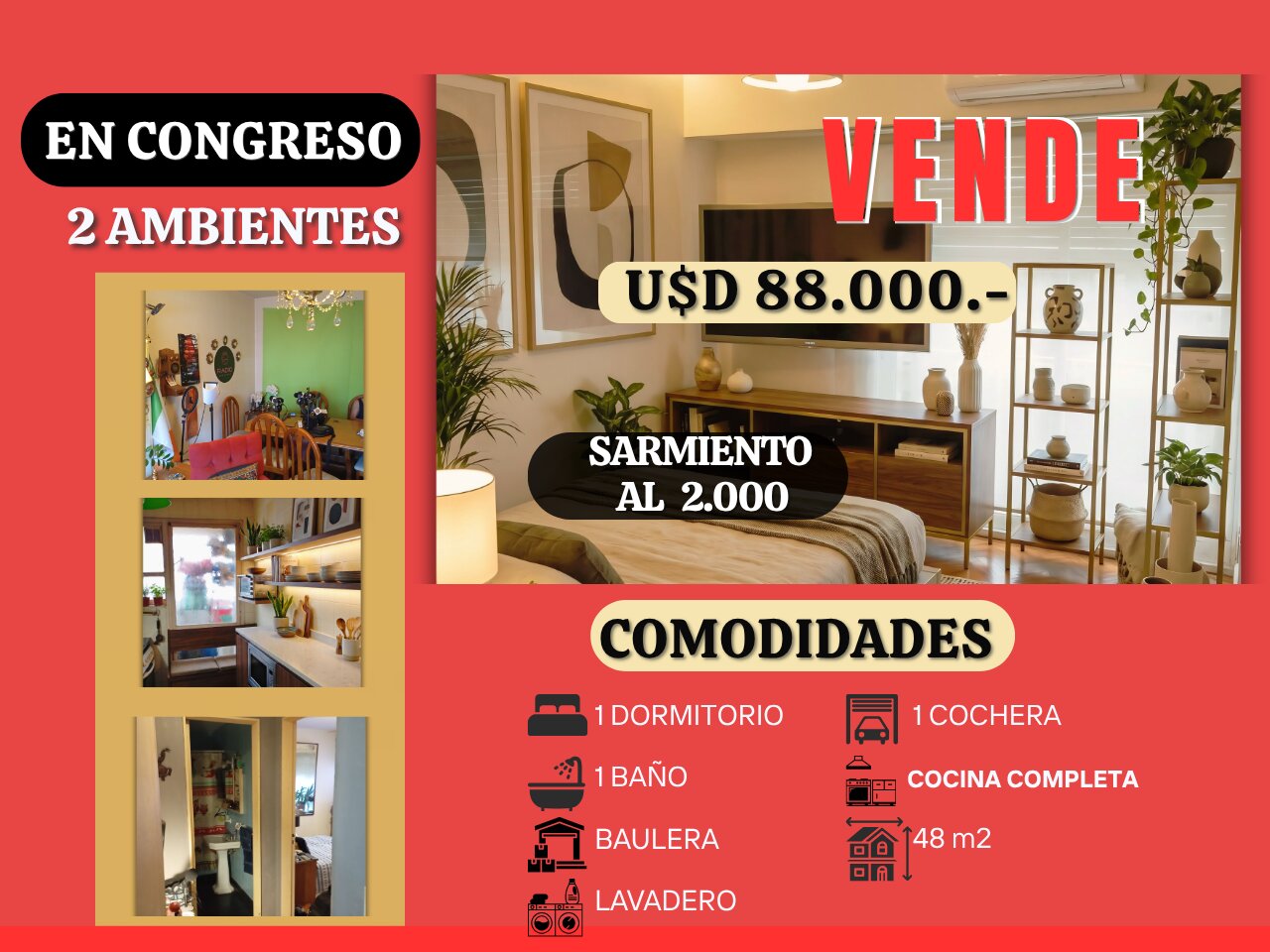 DEPTO 2 AMBIENTES,SARMIENTO AL 2.000,U$D 88.000.- ,C/COCHERA, BAULERA.