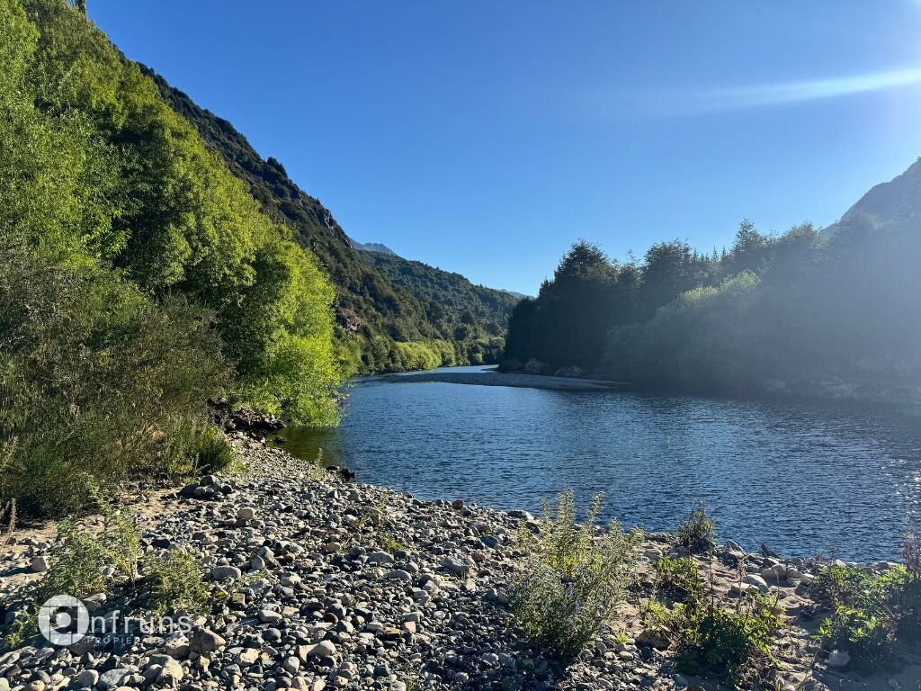 Sunny view of a calm blue river flowing past a rocky shoreline with lush green trees in Patagonia.
