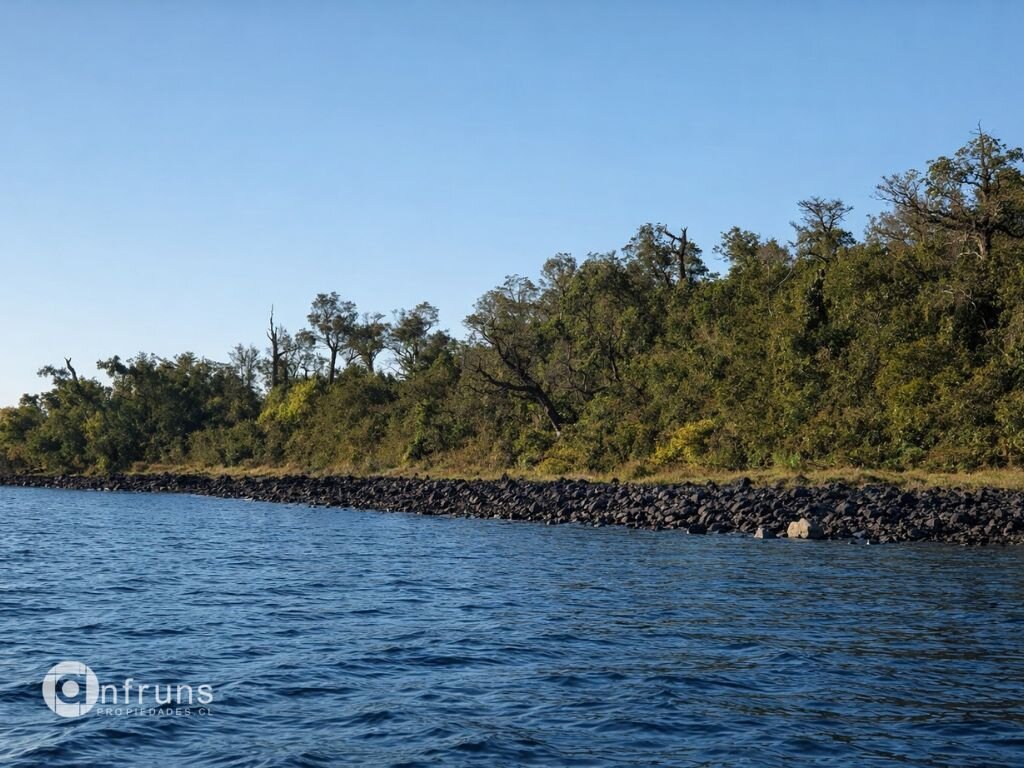 Dense native forest covering the island's interior.