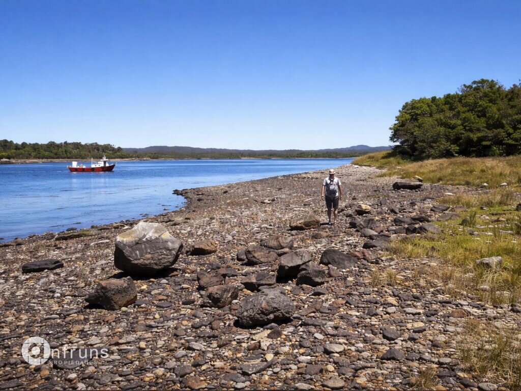 Picturesque coastline of the island with rocky shores and clear waters.