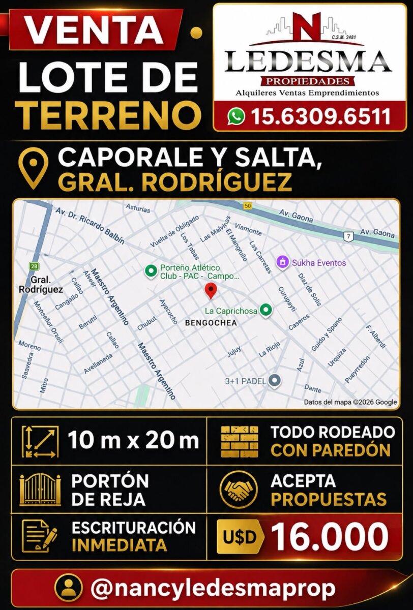 U$d 16.000 oportunidad Lote Gral Rodriguez