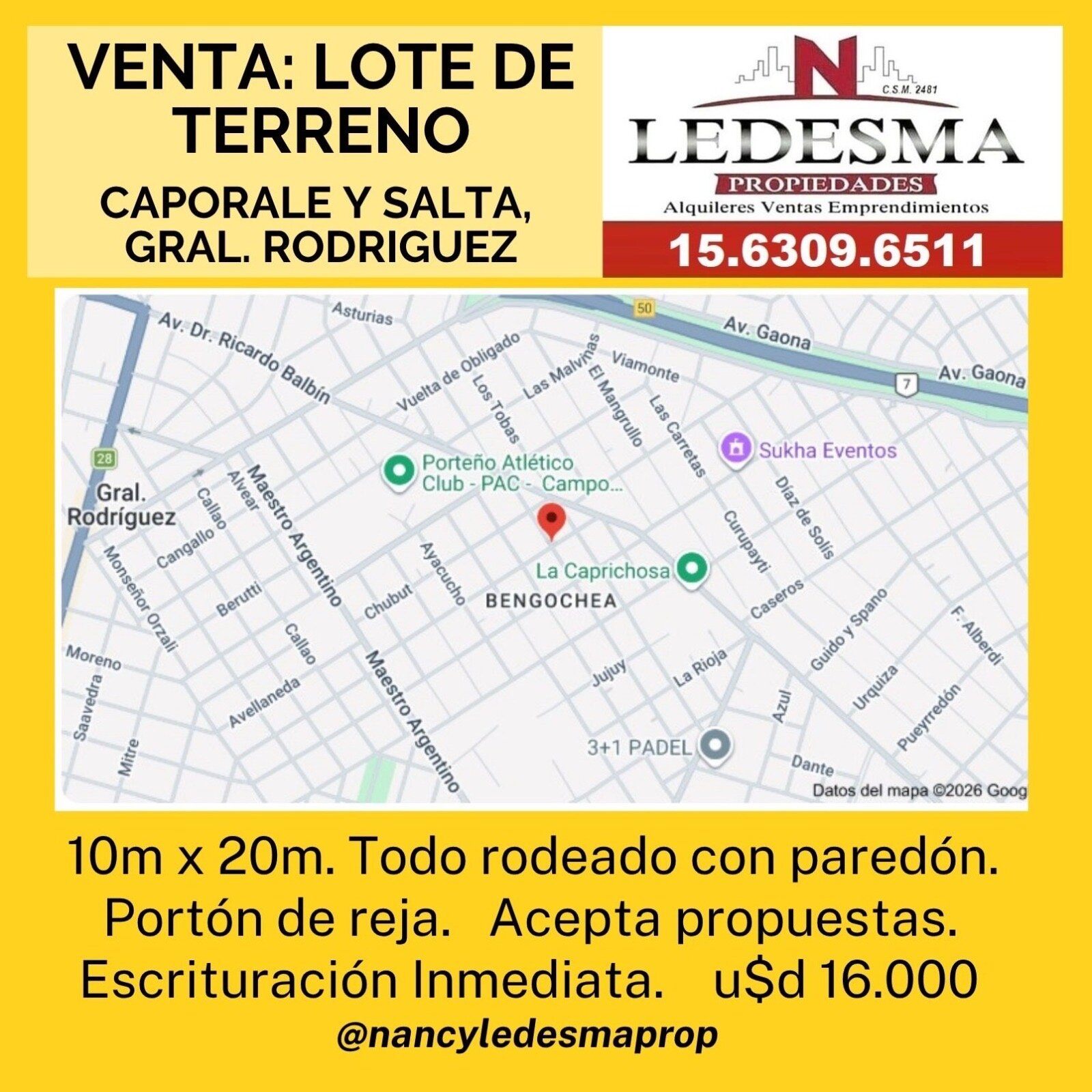 U$d 16.000 oportunidad Lote Gral Rodriguez