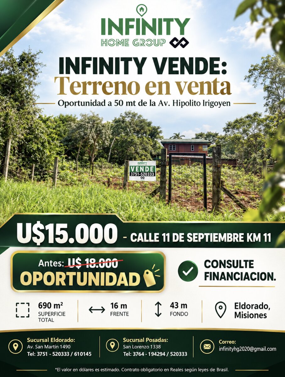 TERRENO EN VENTA SOBRE CALLE 11 DE SEPTIEMBRE KM11 ELDORADO | MISIONES