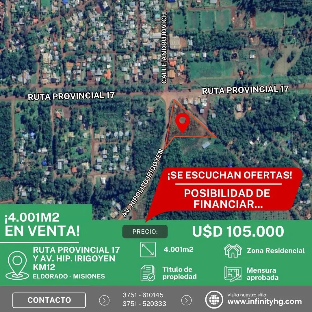 LOTE EN VENTA DE 4.000M2 SOBRE RUTA PROVINCIAL 17 Y AV. HIPOLITO IRIGOYEN | ELDORADO MISIONES