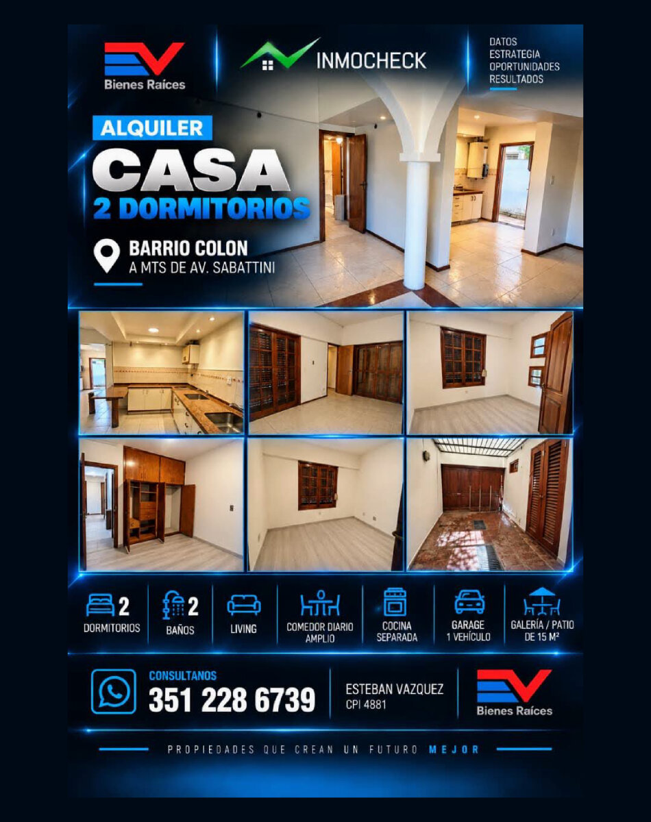 ALQUILER. BARRIO COLON. A MTS DE SABATTINI. CASA 2 DORM 100 M2 GARAGE