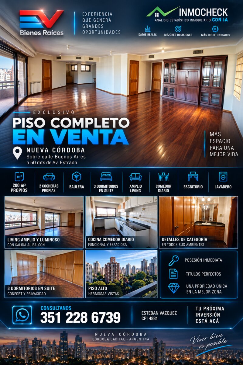 VENTA. NUEVA CORDOBA. PISO COMPLETO PISO ALTO 2 COCHERAS + BAULERA. LA MEJOR UBICACION