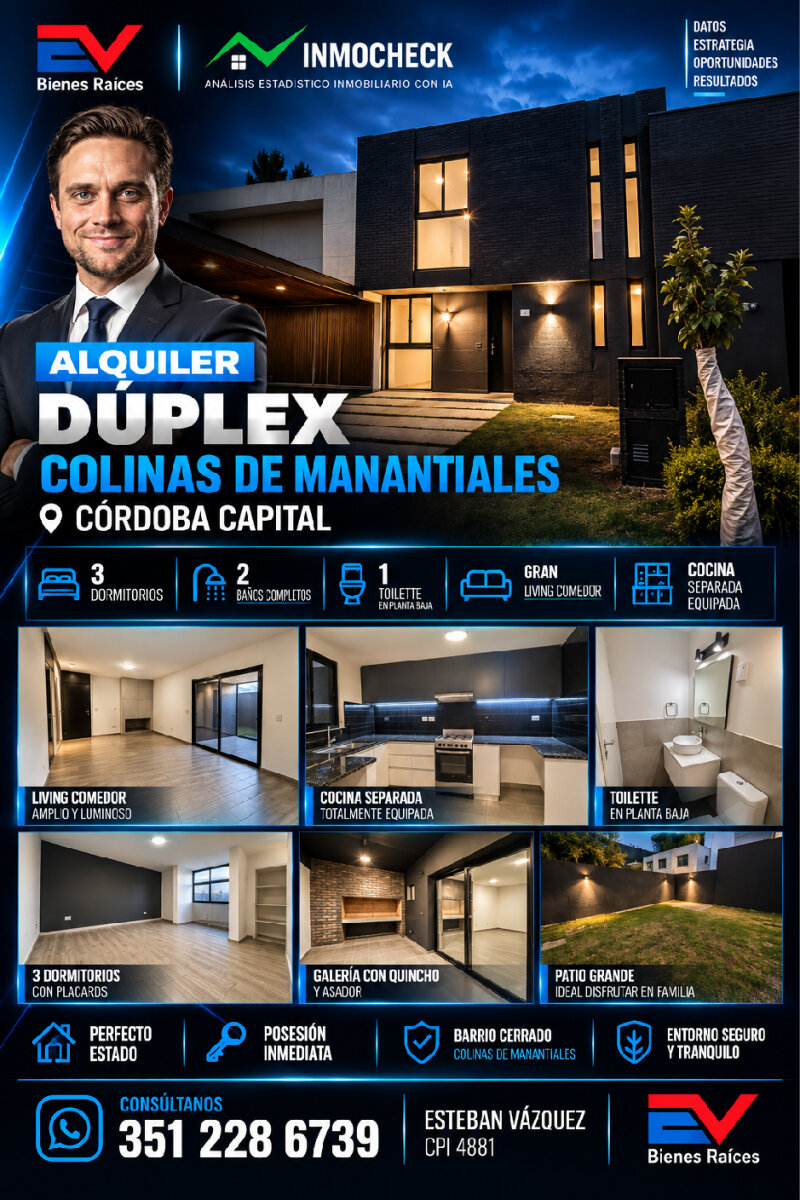 ALQUILER. COLINAS DE MANANTIALES. DUPLEX 3 DORM 3 BAÑOS PATIO GALERIA CON ASADOR