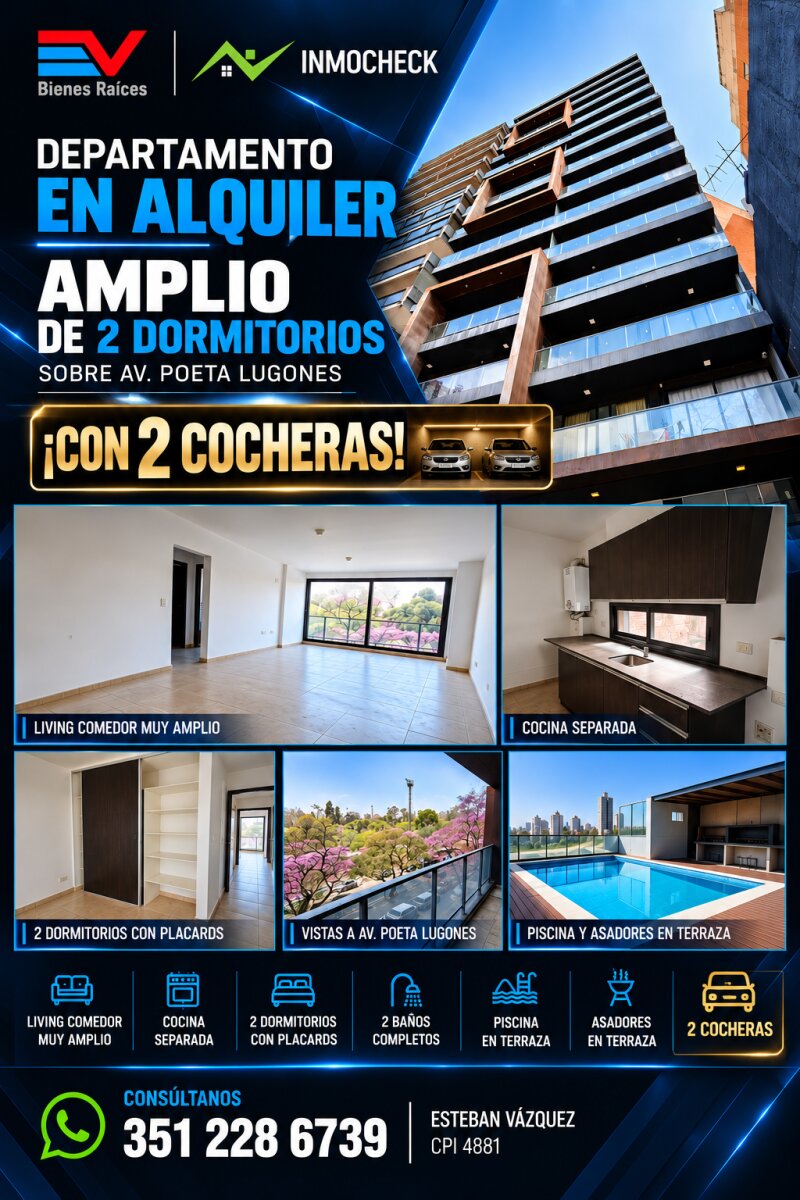 ALQUILER. NUEVA CORDOBA. AMPLIO DEPTO 2 DORM + 2 BAÑOS + 2 COCHERAS