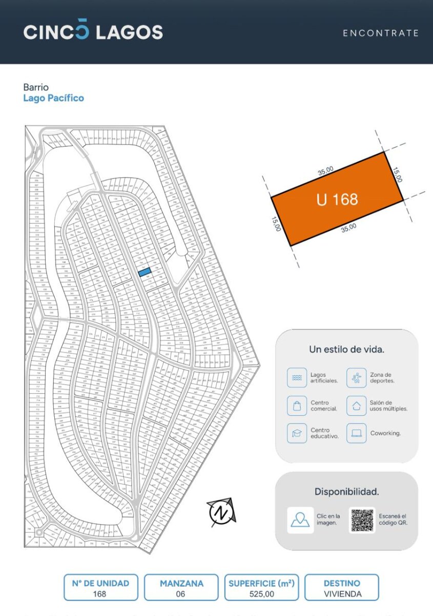 Venta Lote Cinco Lagos - Ibarlucea - Barrio Lago Pacífico - Lote 168 - 525m2 - 38