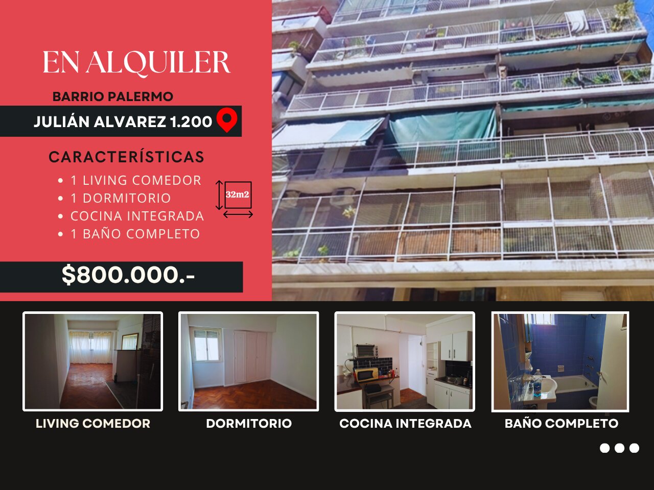 Palermo - Julián Álvarez 2600 - $ 800.000.- 2 Amb 32m2 Contra frente, Luminoso y Silencioso - 1