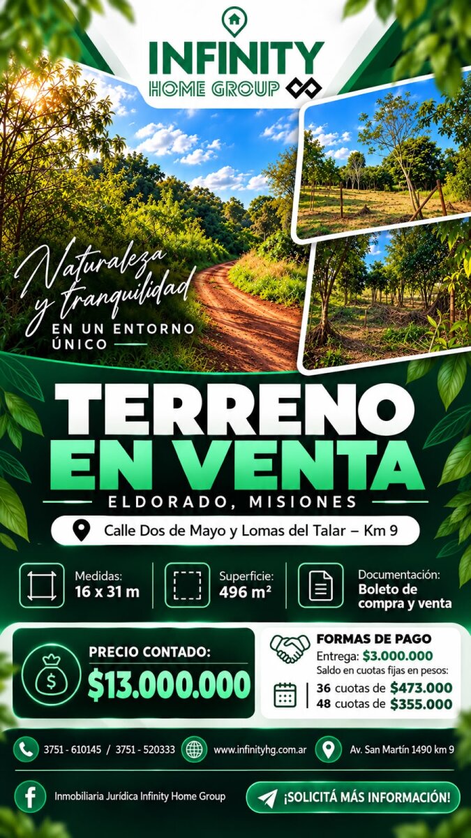 TERRENO RESIDENCIAL EN VENTA UBICADO ENTRE CALLES 2 DE MAYO Y LOMAS DEL TALAR KM9 | ELDORADO MISIONES